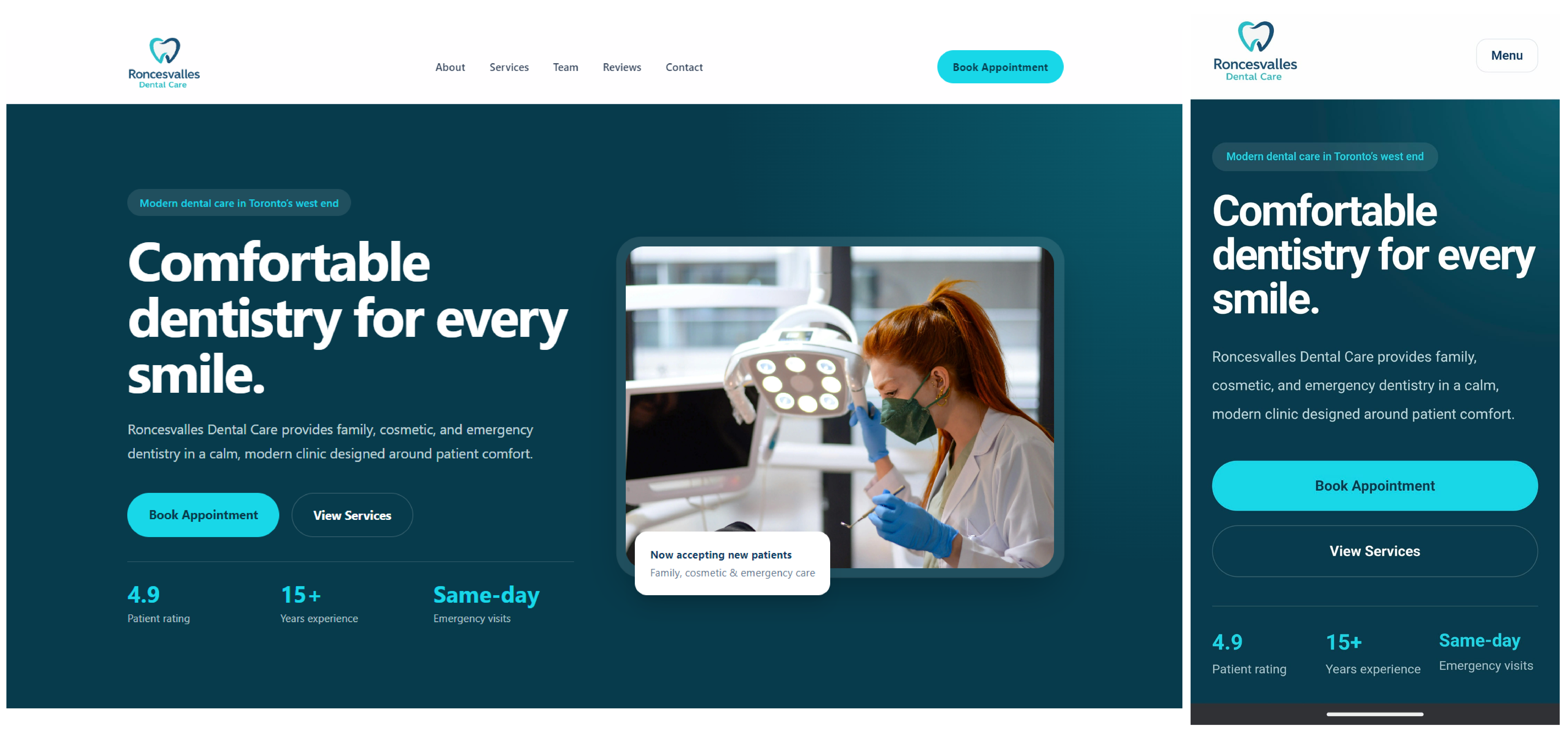 Responsive dental website shown on desktop and mobile devices
